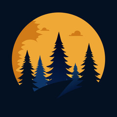 Obraz premium Stylized pine forest under a large orange moon