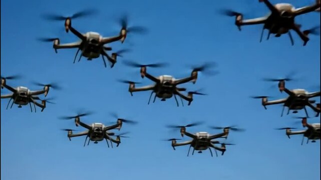 A swarm of drones is flying in formation against a clear blue sky.