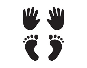 Baby foot prints and hand prints. Small cute black silhouettes. 