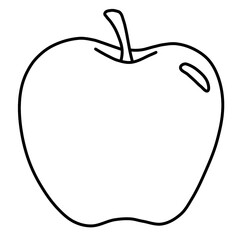 A simple black outline of an apple, with a stem and leaf shown, perfect for coloring or design purposes.