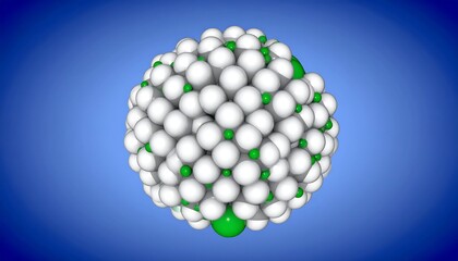 3D model of a molecular structure.  Sphere of white and green atoms