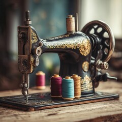 A vintage sewing machine, black with gold details. Still life photography, crafty. Soft, window light, nostalgic and industrious mood. On a wooden table with spools of colorful.
