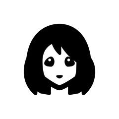 Illustration of a stylized face with large eyes and short dark hair in a simple black and white design