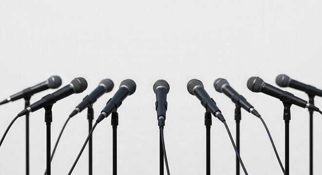Multiple black dynamic microphones on adjustable stands arranged in line on plain white background, professional sound recording setup for podcast or press conference