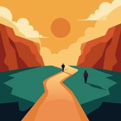 Two figures walk on a winding path towards a setting sun