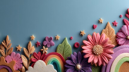 Colorful 3D fantasy background with flowers and sun