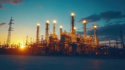 Obraz premium Oil refinery at twilight, illuminated pipes and towers