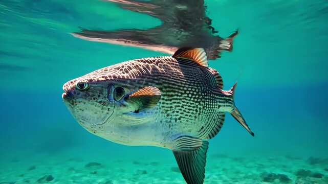 Ocean sunfish swimming underwater in clear blue water. Wildlife, marine life, underwater. Fish close-up.