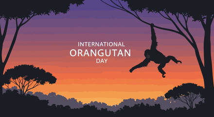 Illustration Art Vector of Orangutan Silhouette with Trees on Sunset Background for Conservation Awareness