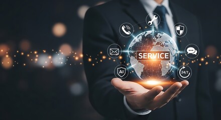 Elegant Businessman Holding Glowing Globe with Service Icons and Text