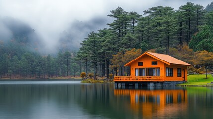 Fototapeta premium Orange cabin by a serene lake, misty mountains