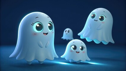 Cute cartoon ghosts with big eyes and happy expressions in a dark blue setting.