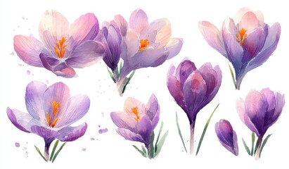 Delicate watercolor crocus blossoms in various stages