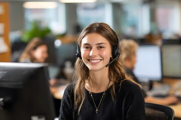 A smiling woman in a headset at a desk in a well-lit office.