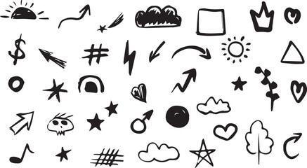 Hand drawn chalk and marker brush shapes vector set of doodles, words, arrows, scribbles, shapes and symbols on white background. black and white abstract icon vintage silhouette sketches illustration