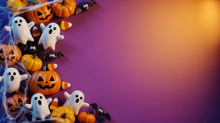 Fototapeta premium Spooky Halloween fun with smiling pumpkins playful ghosts and candy corn against a vibrant purple orange backdrop in
