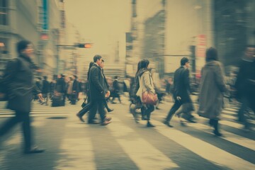 Crowd of people walking across the street at a busy crosswalk near businesses in an urban area during a foggy day
