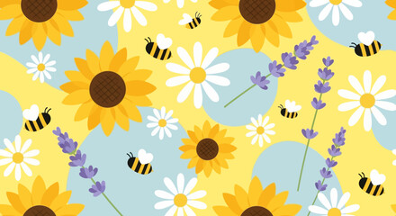 Floral Vector Pattern with Sunflowers Daisies Lavender and Bees in Modern Style
