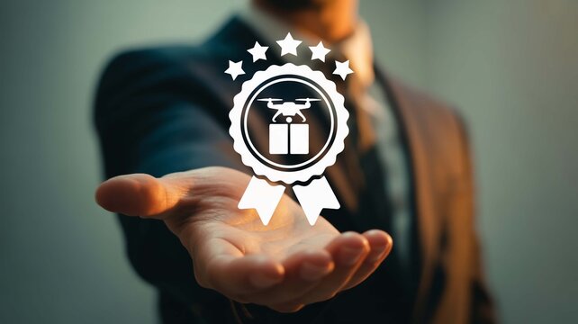Delivering excellence A man presents a drone delivery service seal of quality promising speed and precision with soft