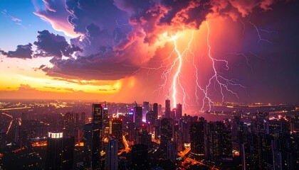 Dramatic lightning strike over a sprawling city at sunset