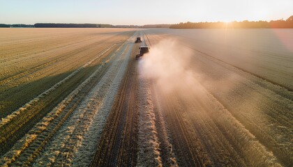 Naklejka premium Aerial View Of Farm Machinery Harvesting Crop Field During Golden Hour, Tech Meets Food