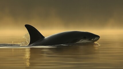Fototapeta premium Orca in golden sunrise mist