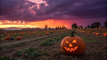 Glowing jack o lantern pumpkin in a field at dramatic sunset.