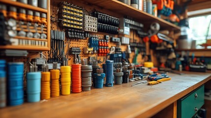 Organized workbench with various tools and electrical components