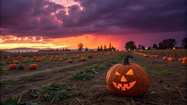 Glowing jack o lantern pumpkin in a field at dramatic sunset.