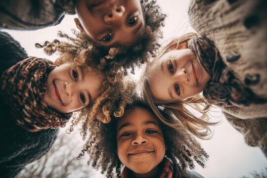 Kids enjoying a sunny day outdoors while looking down at the camera with joyful expressions in a cheerful group setting surrounded by nature