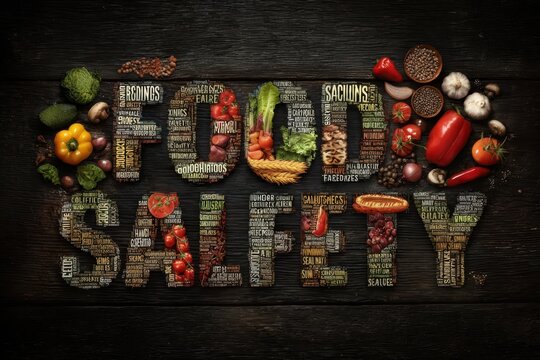 Food safety word cloud with fresh produce arranged artistically on a dark wooden surface highlighting essential guidelines for kitchen hygiene and food handling