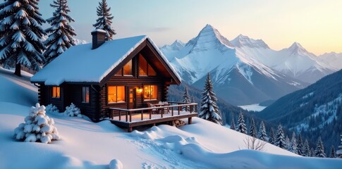 Cozy cabin nestled in snowy Olympic mountains , nature, adventure