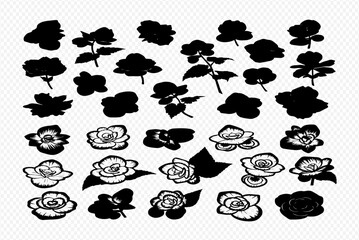 Collection of black and white floral silhouettes, various rose and leaf shapes.
