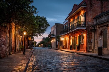 Historic town street at dusk showcasing colonial architecture and charming ambiance with warm lights and cobblestone walkways inviting evening strolls
