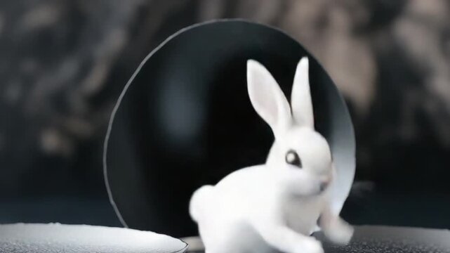 Elegant White Bunny Inside Ornate Black Egg &ndash; Luxury Easter Artwork Featuring Floral Silver Carvings, Crystal Egg Design, and Whimsical Rabbit Sculpture on Dark Background

