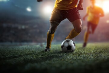 Exciting soccer match tournament flyer with dynamic player action under stadium lights featuring thrilling competition and teamwork