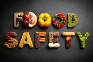 Food safety concepts creatively arranged with various food items showcasing the importance of handling ingredients properly for health and hygiene in culinary practices