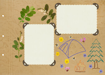 Photo album layout with empty photo frames. Page from an old photo album for stories. Scrapbooking style composition on a tourist theme. Tent, fire, emotions. Theme of active recreation, tourism.