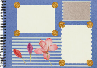 Scrapbook composition with flowers elements and photo frames.  Page for stories. Layout photo album with empty photo frames. Page from an old photo album. Pressed and dried flowers rhododendron.