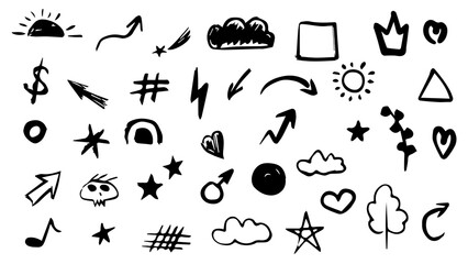 Hand drawn chalk and marker brush shapes vector set of doodles, arrows, scribbles, shapes and symbols on transparent background. black and white abstract icon vintage silhouette sketches illustration