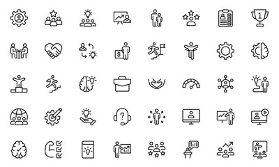 Mentoring outline icon set. Mentor, training, skill, leadership, target, time, communication, plan, education, and so on. Vector outline icons set.