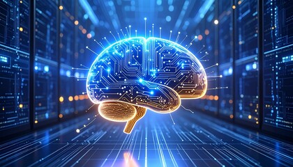 A glowing circuit board brain floats in a futuristic data center, symbolizing artificial intelligence and advanced neural networks.