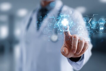 Doctor utilizes advanced AI technology to enhance medical diagnosis and treatment efficiency in a modern healthcare environment