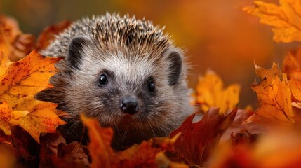 Fototapeta premium A small hedgehog explores a pile of vibrant autumn leaves, surrounded by shades of orange, red, and yellow in a serene forest. The scene captures the essence of fall.