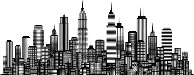 Fototapeta premium Detailed black and white sketch of a dense modern city skyline with numerous skyscrapers and buildings