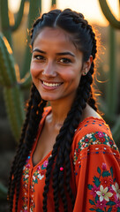 Fototapeta premium A portrait of a smiling young woman outdoors, with long braided hair, wearing an orange dress. The scene captures her beauty and happiness against a soft background.