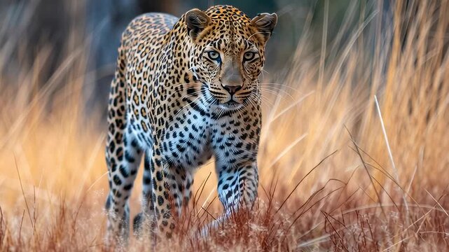 Majestic leopard stalking through tall grass at dawn