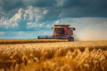Obraz premium Harvesting wheat in a golden field under a dramatic sky during late afternoon light