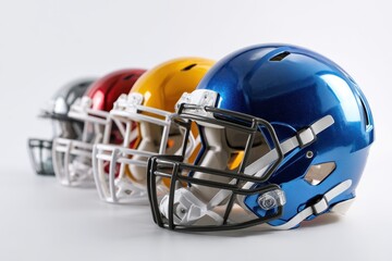 Fototapeta premium Colorful football helmets lined up in a striking side view showcasing a variety of designs and finishes ideal for any sports enthusiast or collector