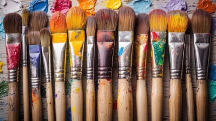 Fototapeta premium Paintbrushes stained with vibrant colors on a weathered palette